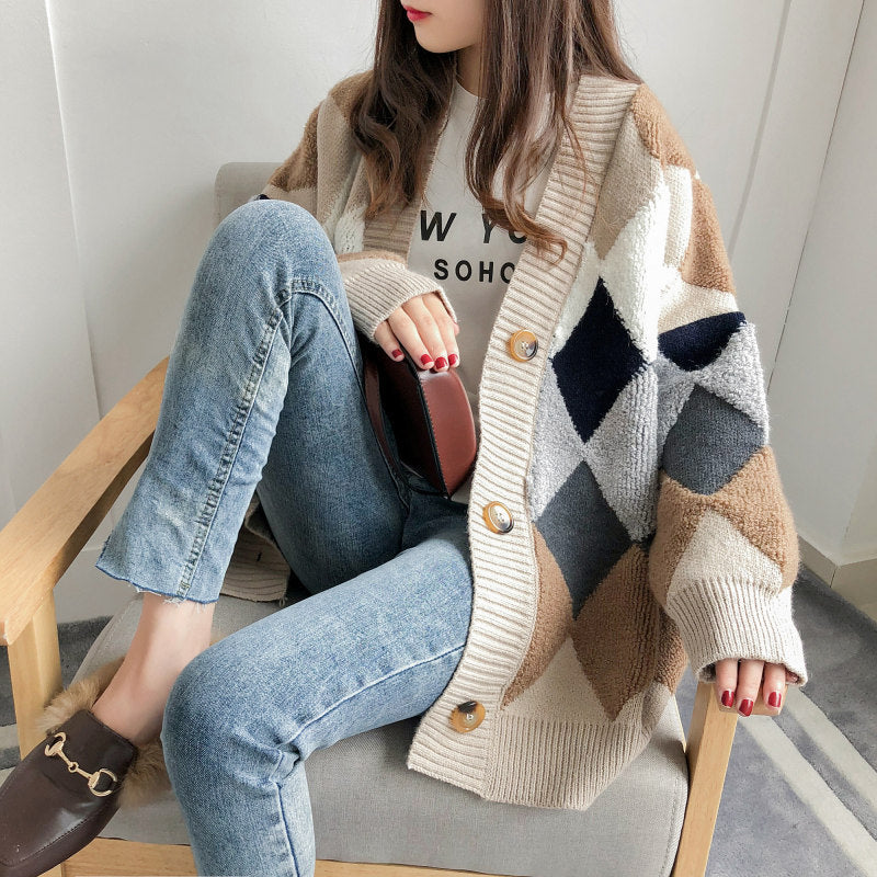 Diamond-Knit V-Neck Cardigan
