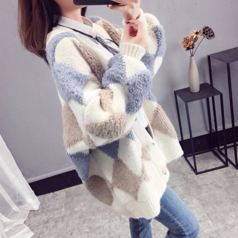 Diamond-Knit V-Neck Cardigan