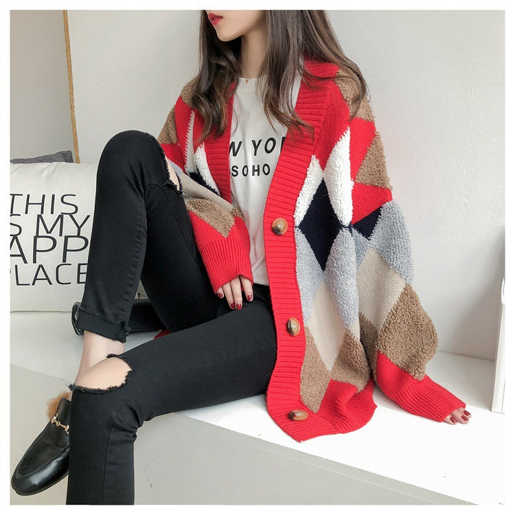 Diamond-Knit V-Neck Cardigan