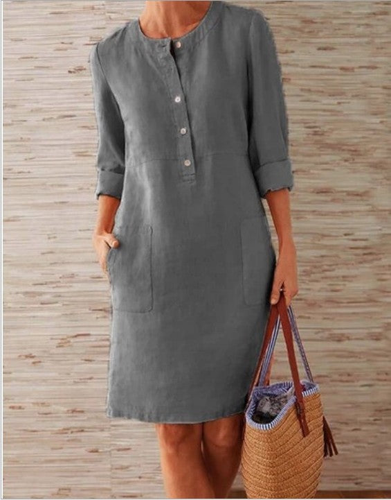 Vestido em Algodão e Linho com Decote Redondo e Manga Comprida - Veron&Co