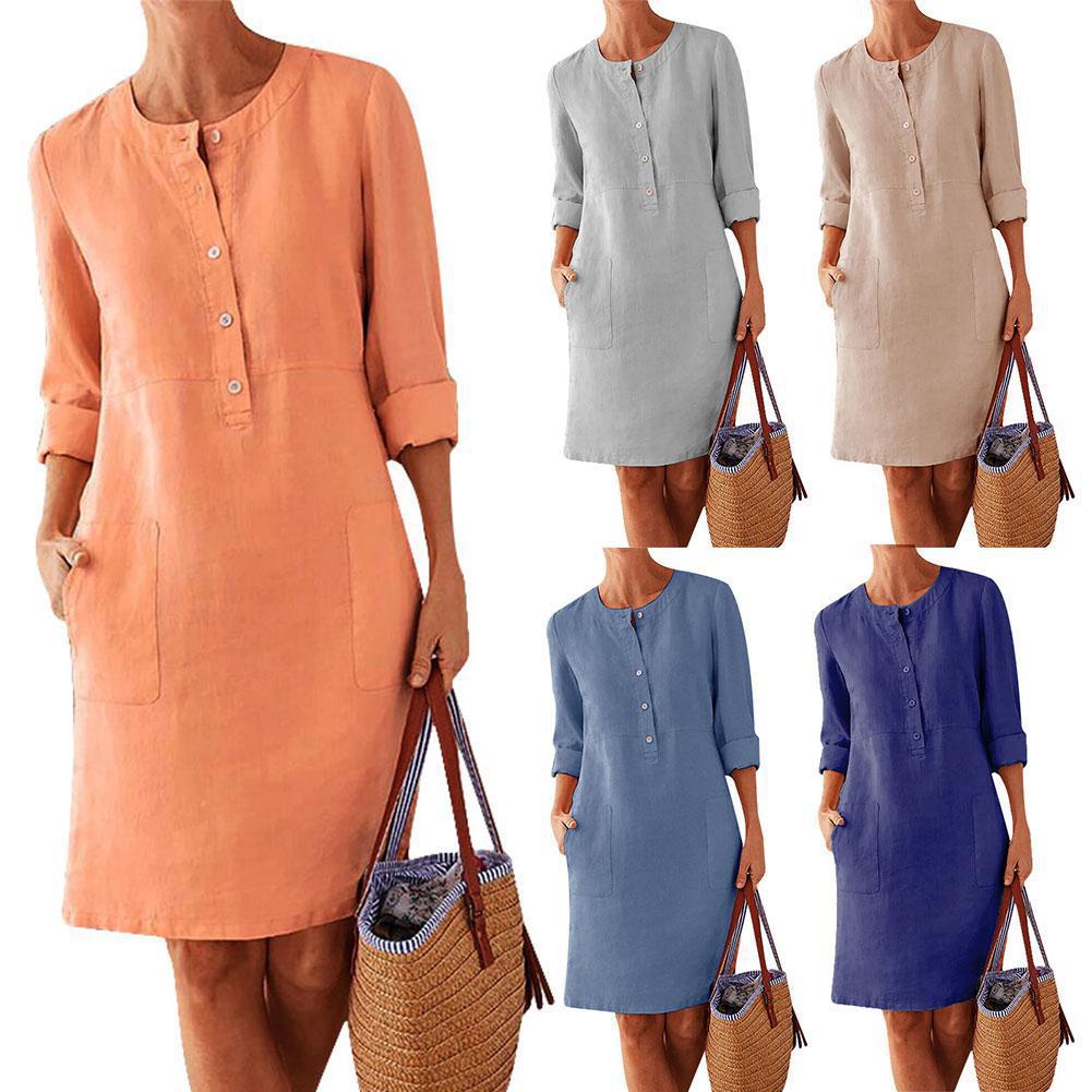 Vestido em Algodão e Linho com Decote Redondo e Manga Comprida - Veron&Co