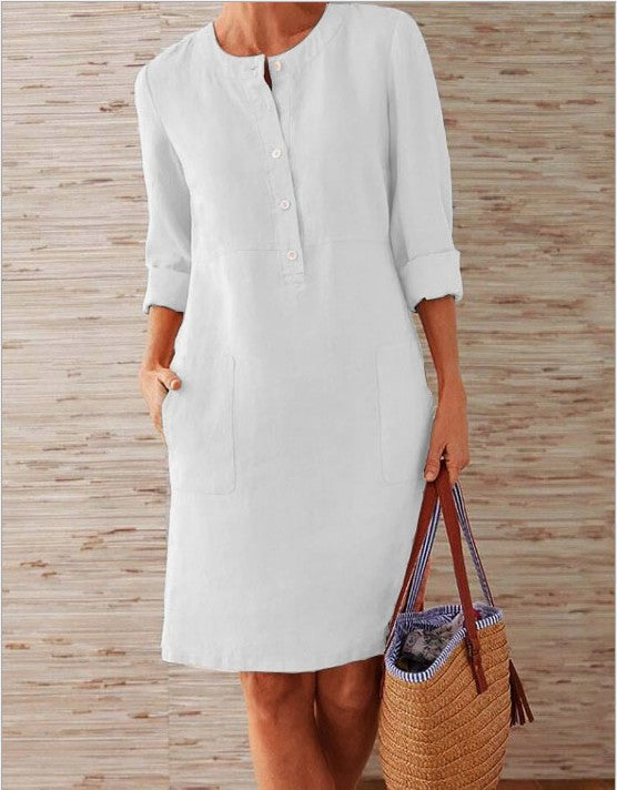 Vestido em Algodão e Linho com Decote Redondo e Manga Comprida - Veron&Co