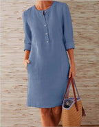 Vestido em Algodão e Linho com Decote Redondo e Manga Comprida - Veron&Co