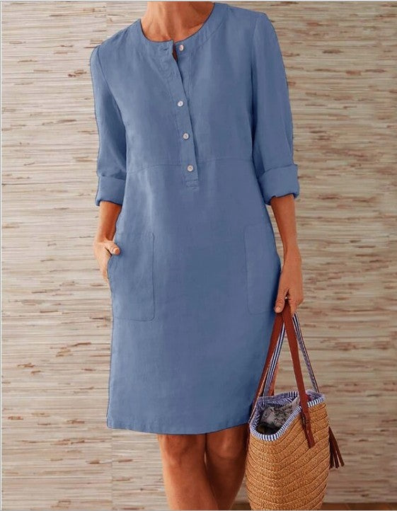 Vestido em Algodão e Linho com Decote Redondo e Manga Comprida - Veron&Co