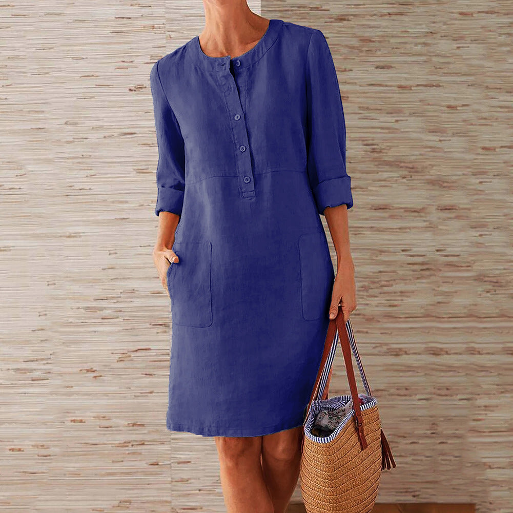 Vestido em Algodão e Linho com Decote Redondo e Manga Comprida - Veron&Co