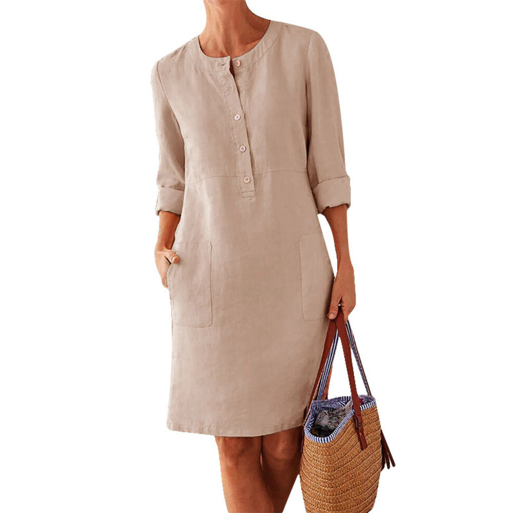 Vestido em Algodão e Linho com Decote Redondo e Manga Comprida - Veron&Co
