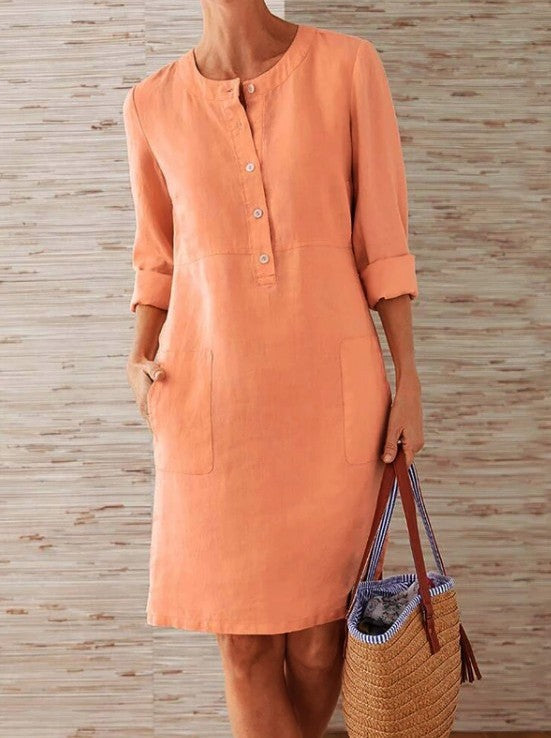 Vestido em Algodão e Linho com Decote Redondo e Manga Comprida - Veron&Co