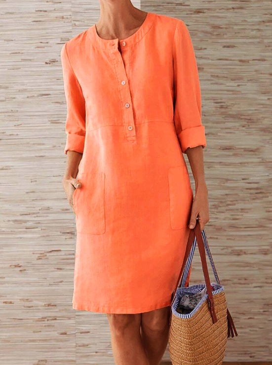 Vestido em Algodão e Linho com Decote Redondo e Manga Comprida - Veron&Co