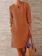 Vestido em Algodão e Linho com Decote Redondo e Manga Comprida - Veron&Co