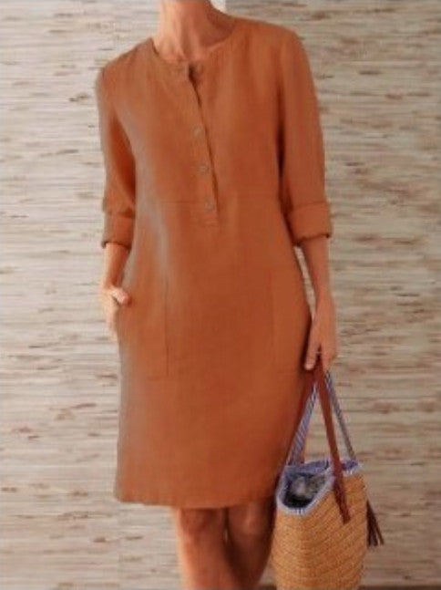 Vestido em Algodão e Linho com Decote Redondo e Manga Comprida - Veron&Co