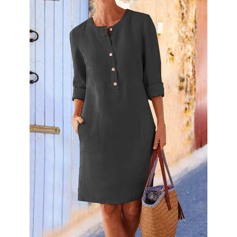 Vestido em Algodão e Linho com Decote Redondo e Manga Comprida - Veron&Co