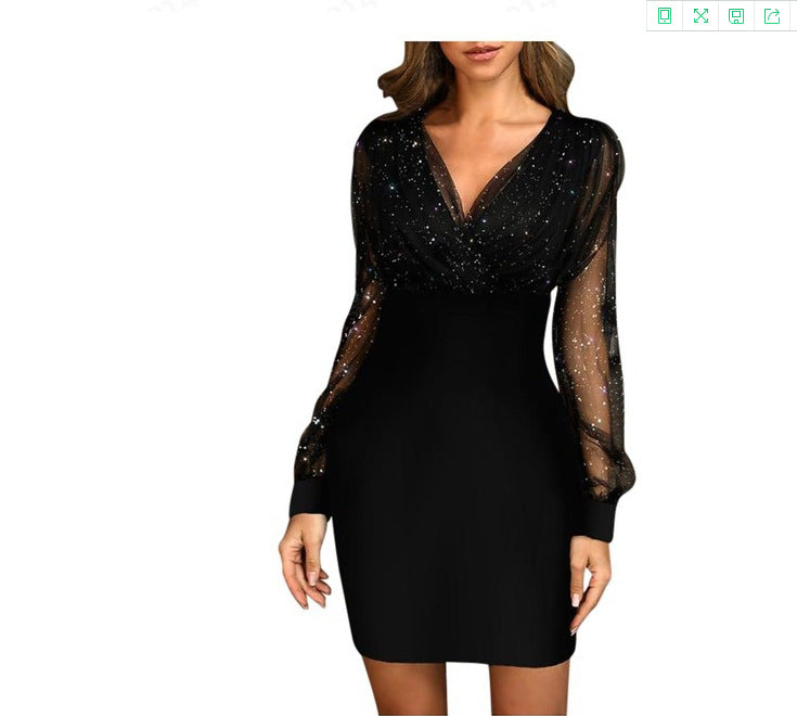 Vestido em Tule com Aplicações Metalizadas e Decote em V - Veron&Co