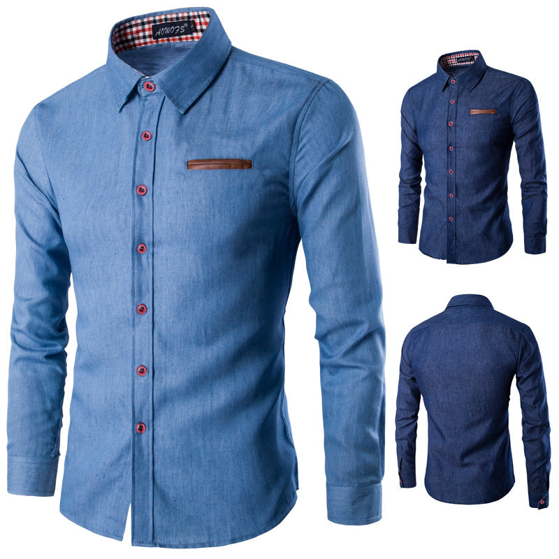 Camisa em Ganga com Bolso e Detalhe em Pele Veron&Co, detalhe da pele
