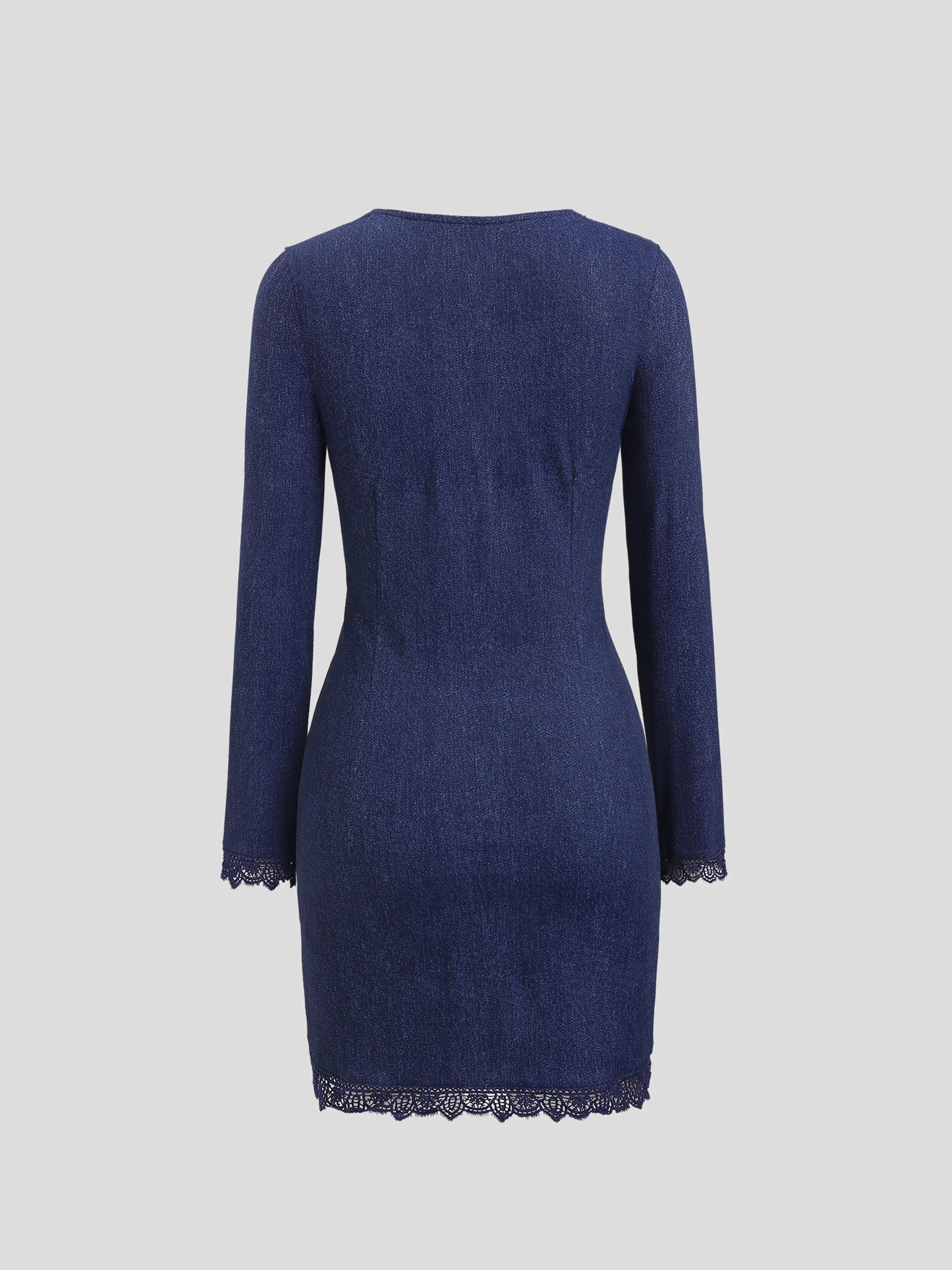 Vestido em Ganga com Renda e Manga Comprida - Veron&Co