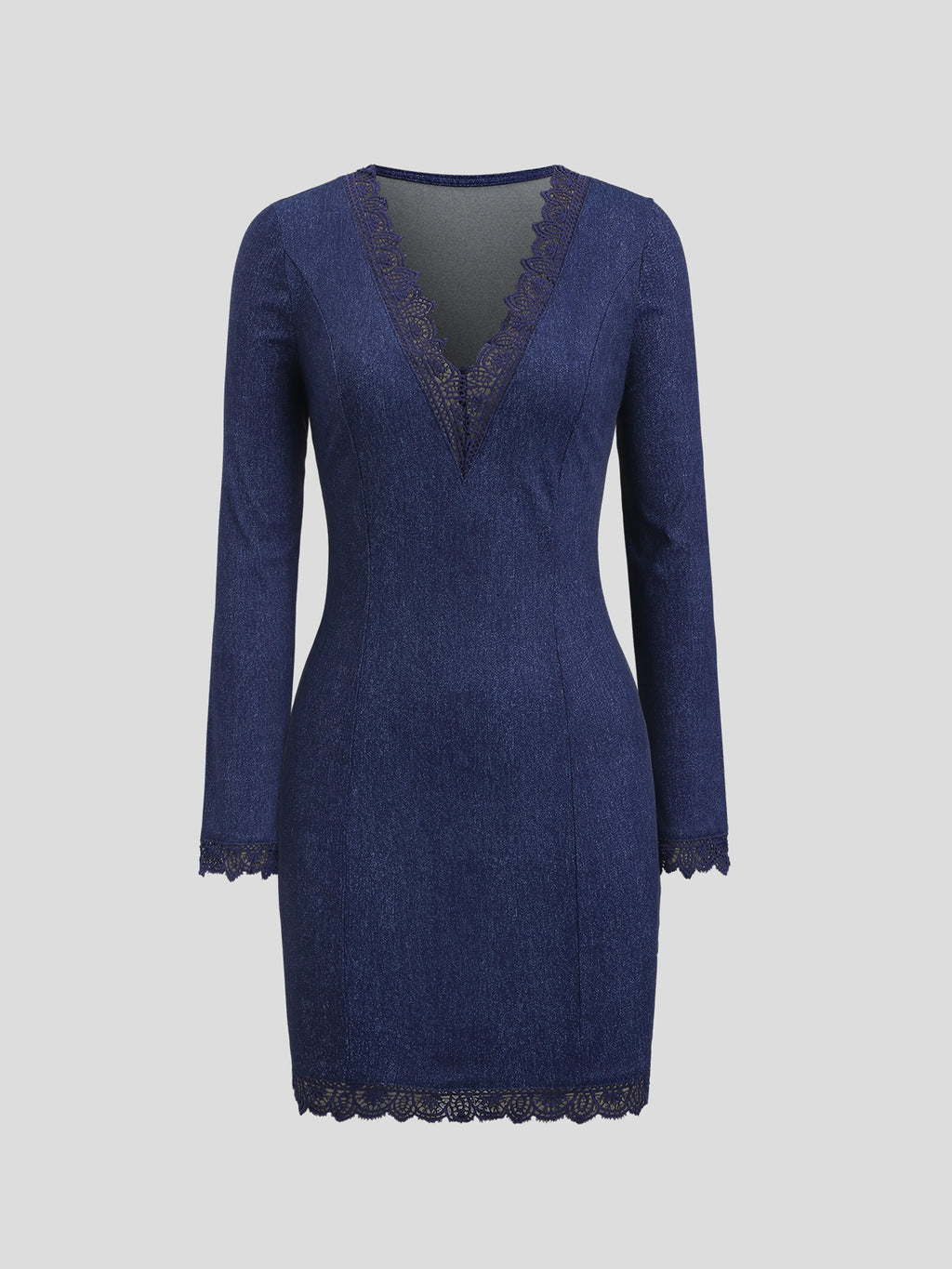 Vestido em Ganga com Renda e Manga Comprida - Veron&Co