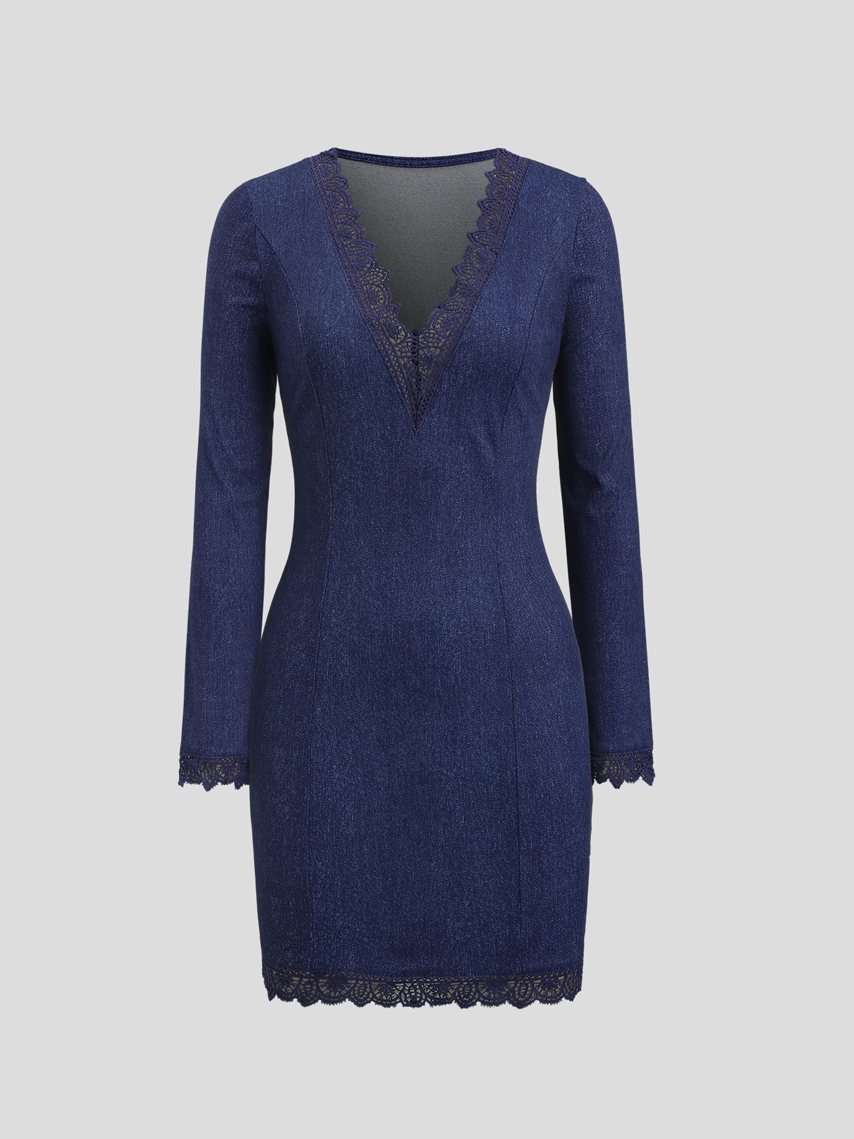 Vestido em Ganga com Renda e Manga Comprida - Veron&Co