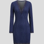 Vestido em Ganga com Renda e Manga Comprida - Veron&Co