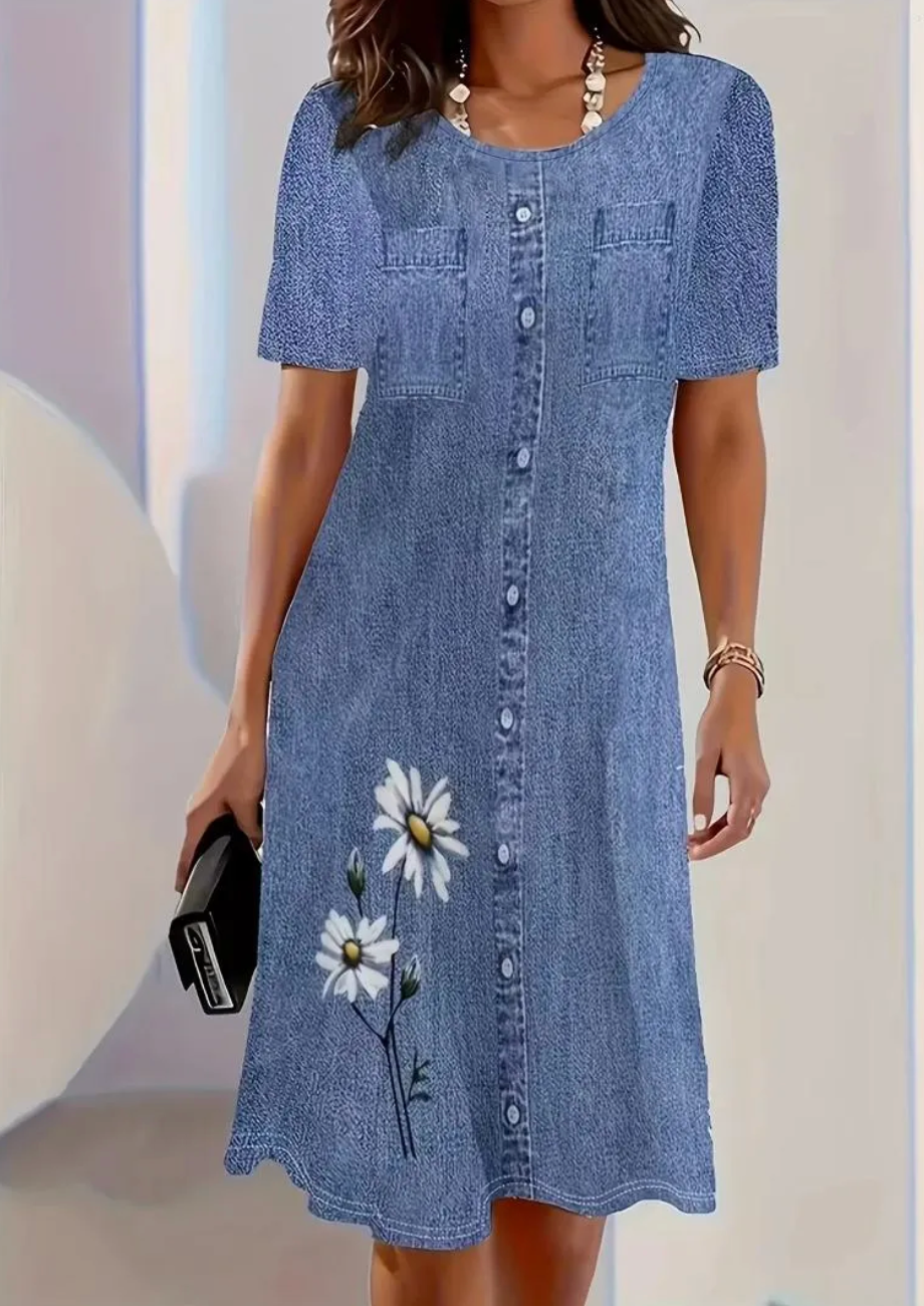 Vestido Curto em Ganga com Estampado e Manga Curta