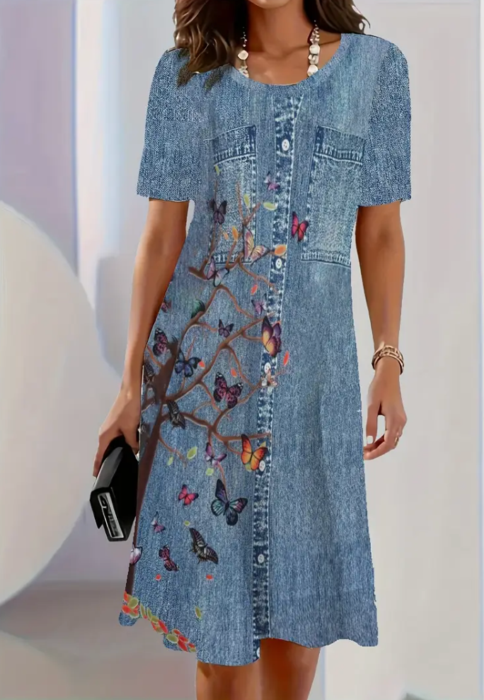 Vestido Curto em Ganga com Estampado e Manga Curta