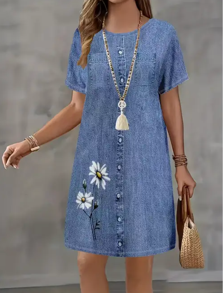Vestido Curto em Ganga com Estampado e Manga Curta