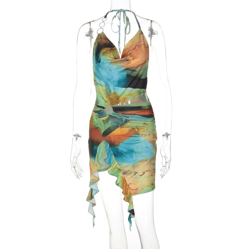 Vestido em Renda com Estampado e Costas Nuas - Veron&Co