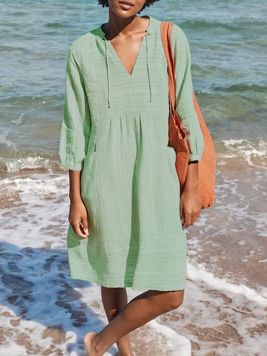 Vestido em Algodão e Linho com Decote em V - Veron&Co