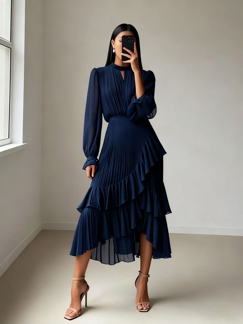 Vestido Midi com Folhos e Pregas - Veron&Co