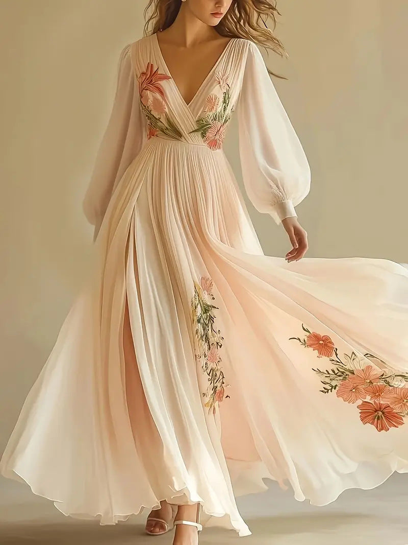 Vestido Longo com Estampado e Decote em V - Veron&Co