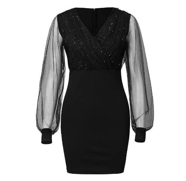 Vestido em Tule com Aplicações Metalizadas e Decote em V - Veron&Co