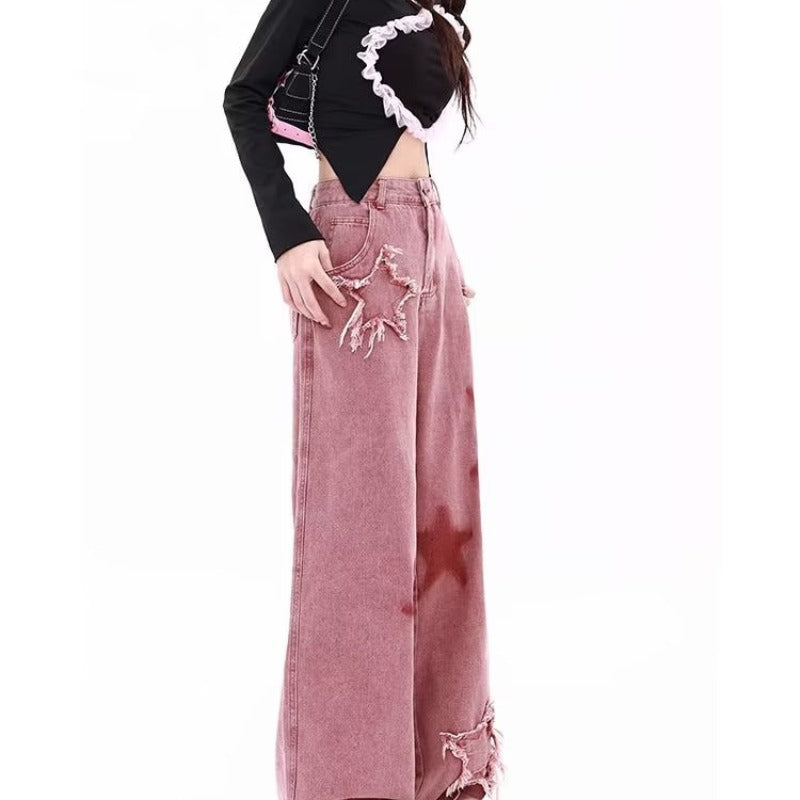 Calças de Ganga Bordado Estrela Wide Leg
