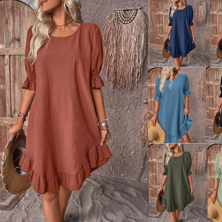 Vestido em Algodão e Linho com Inspiração Vintage e Corte Evasê - Veron&Co