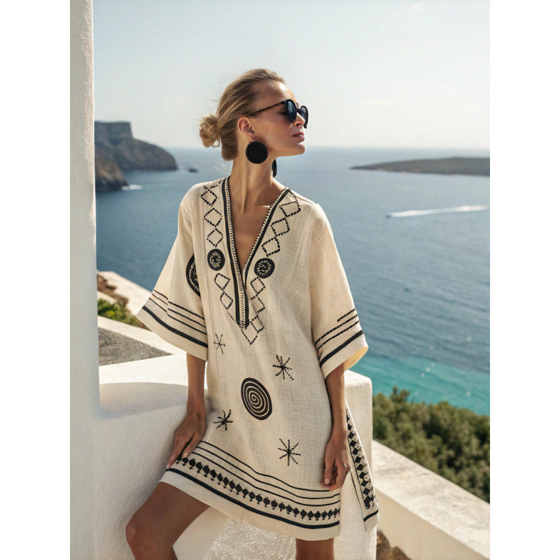 Vestido Midi com Estampado e Decote em V - Veron&Co