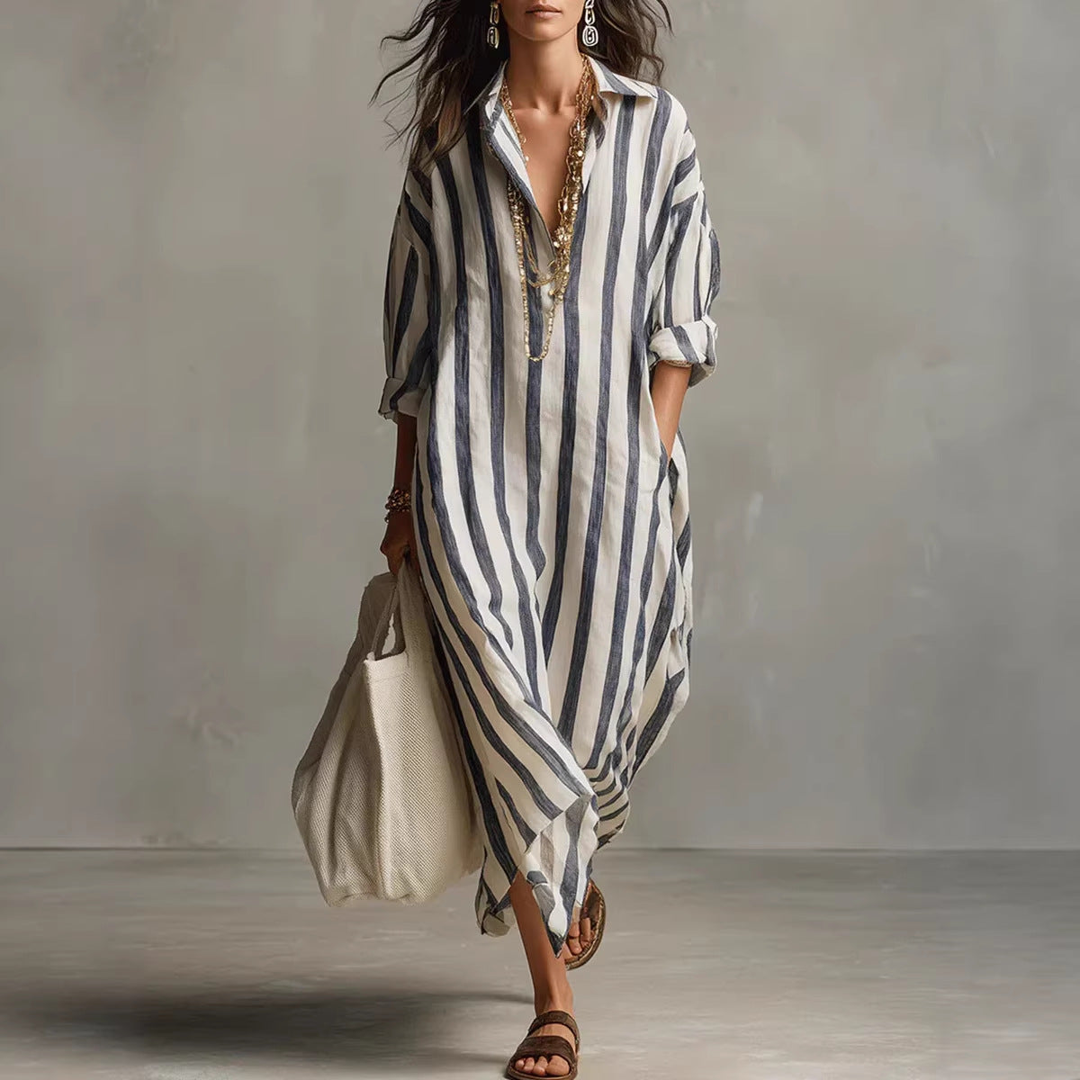 Vestido com Riscas e Corte Camiseiro - Veron&Co