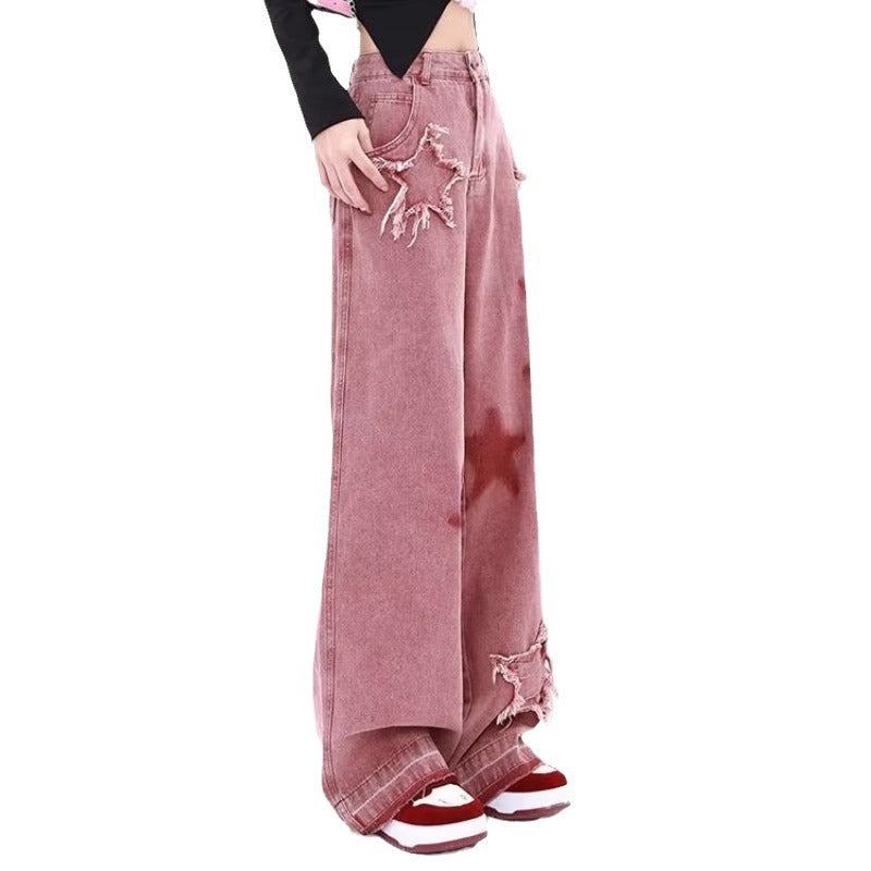 Calças de Ganga Bordado Estrela Wide Leg