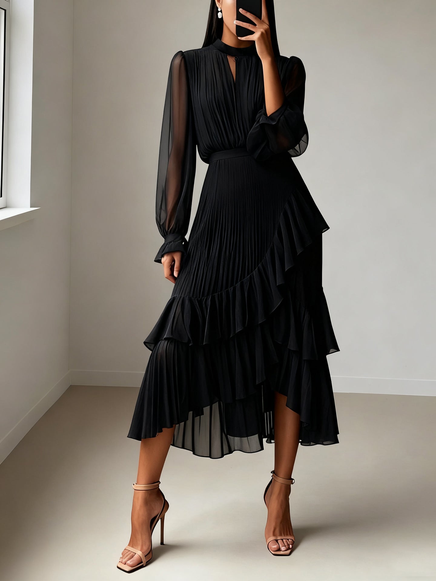 Vestido Midi com Folhos e Pregas - Veron&Co