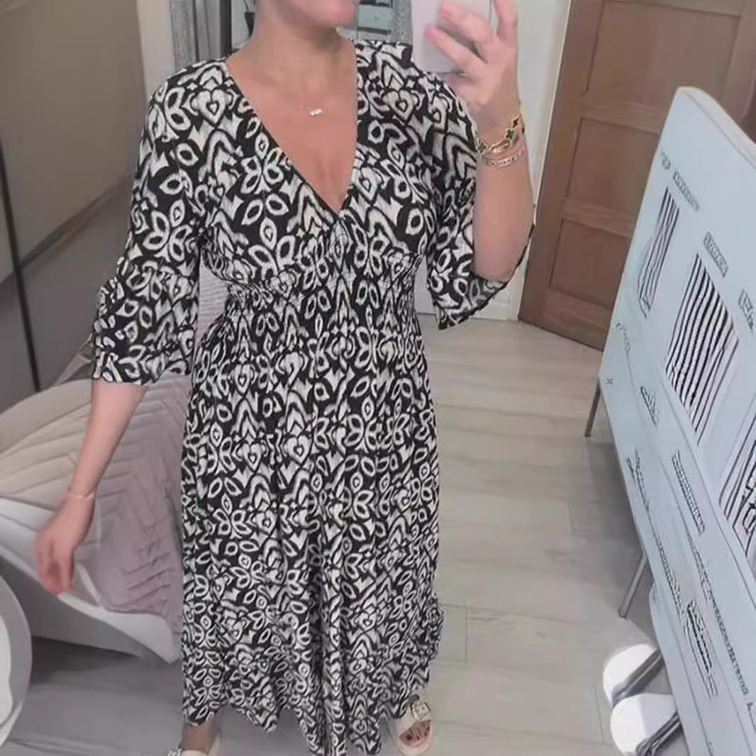 Vestido Longo com Estampado e Decote em V - Veron&Co