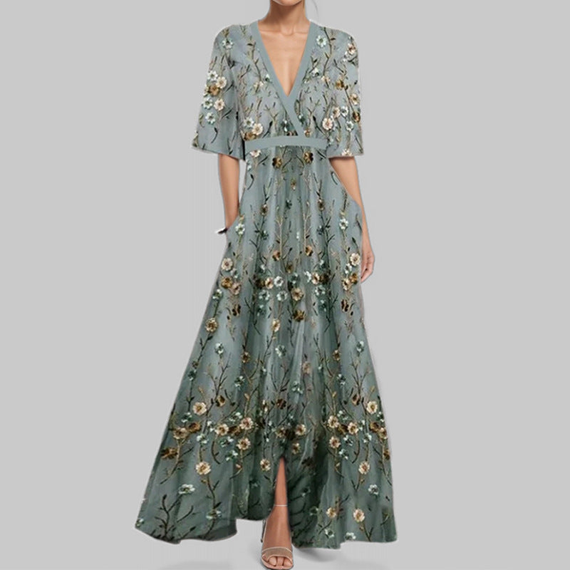 Vestido Longo com Estampado e Marcação de Cintura - Veron&Co