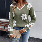 Floral Jacquard V-Neck Sweater