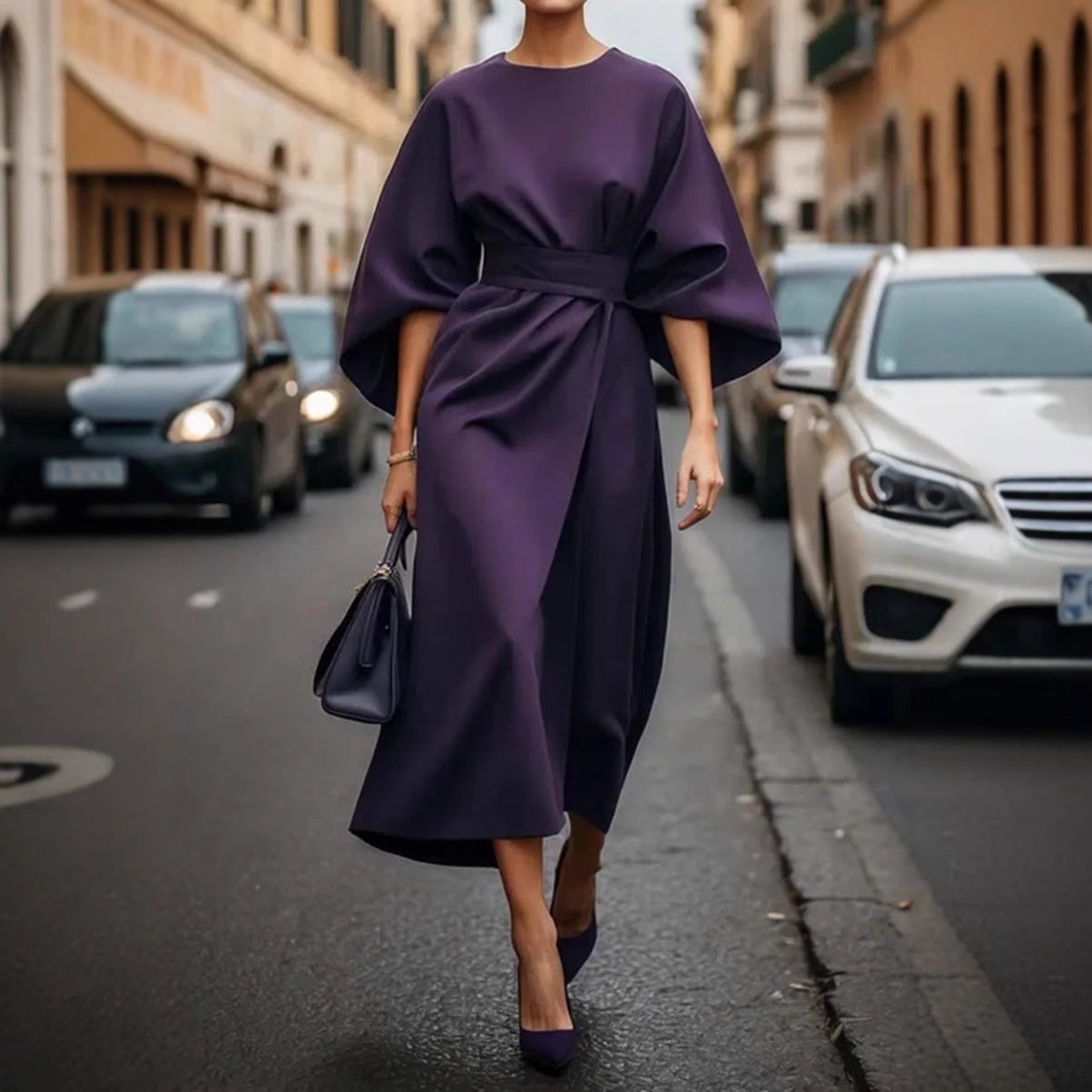 Vestido Longo com Marcação de Cintura e Manga Morcego - Veron&Co
