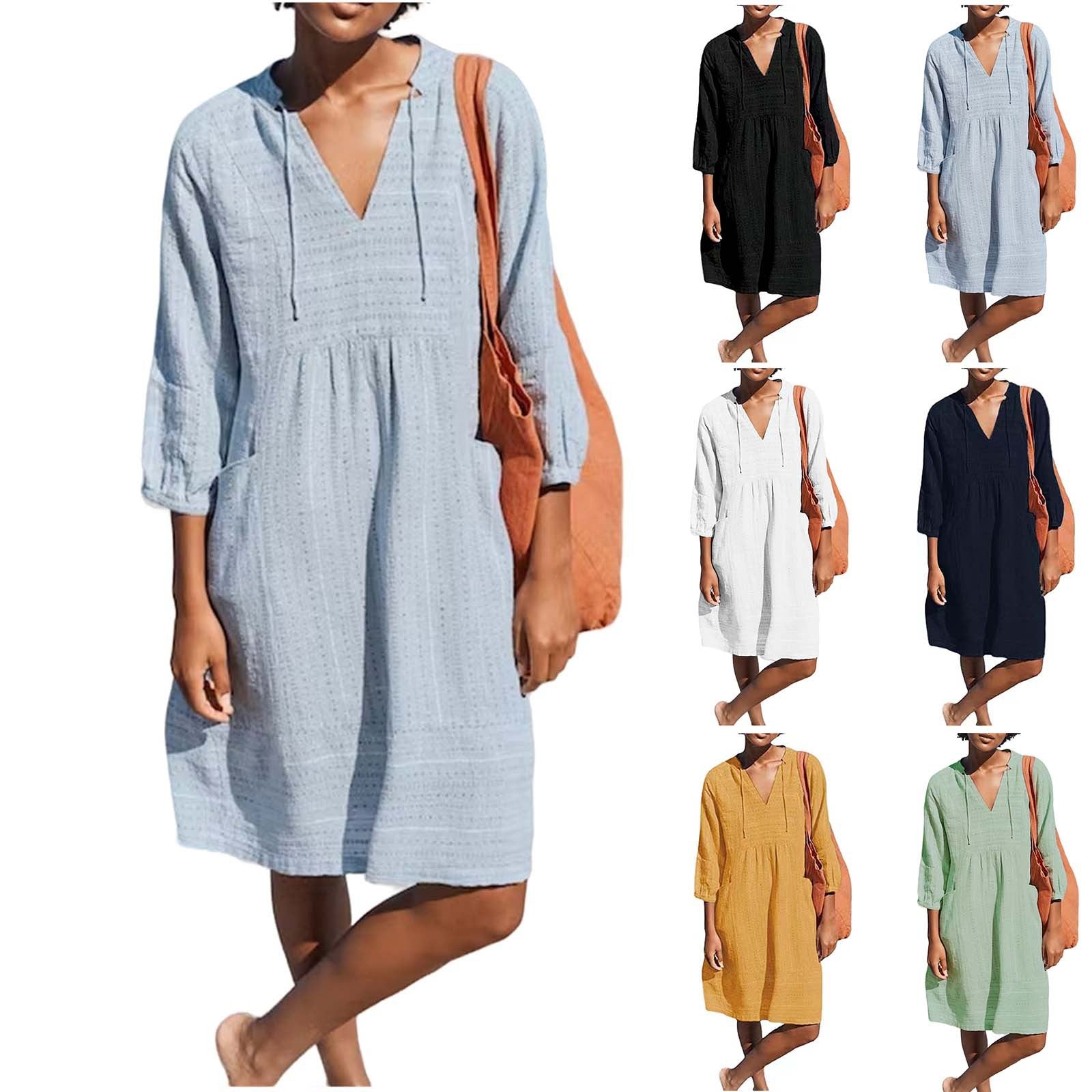 Vestido em Algodão e Linho com Decote em V - Veron&Co
