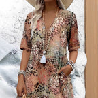 Vestido Longo em Renda com Decote em V e Manga Curta - Veron&Co