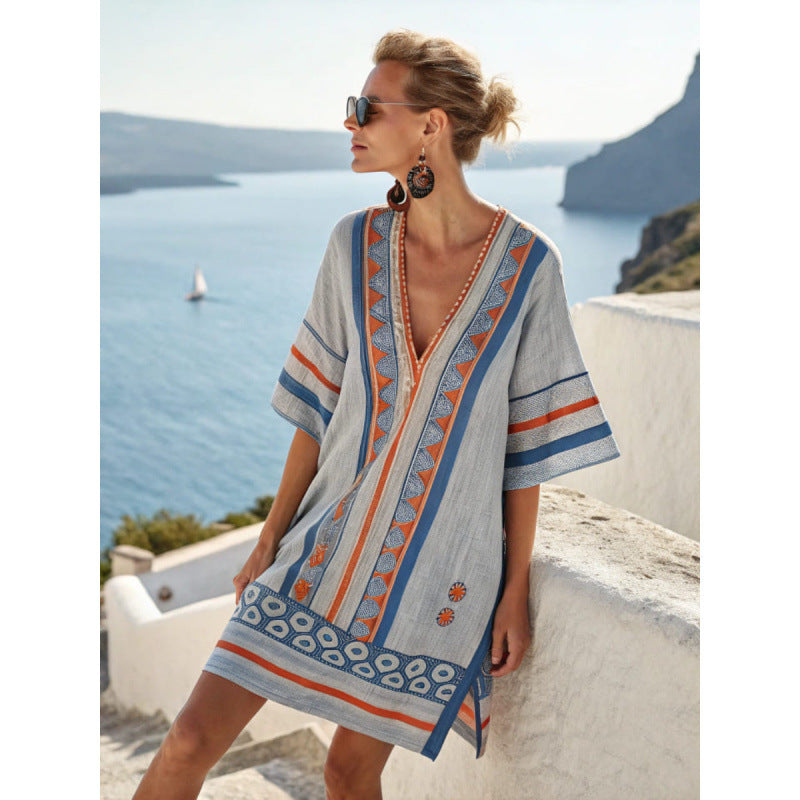 Vestido Midi com Estampado e Decote em V - Veron&Co