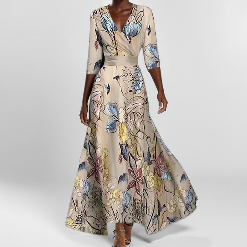Vestido Longo com Estampado e Marcação de Cintura - Veron&Co