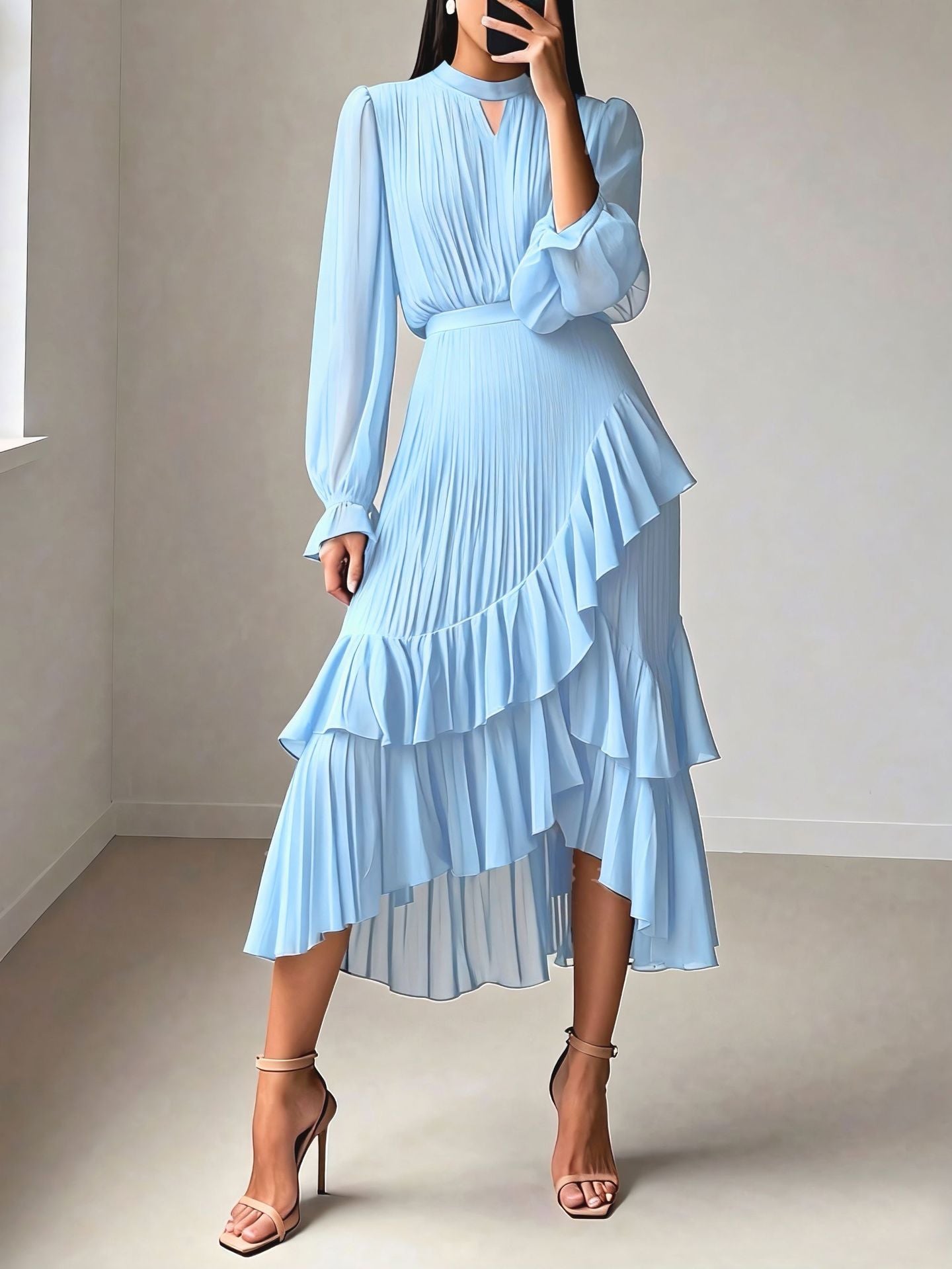 Vestido Midi com Folhos e Pregas - Veron&Co