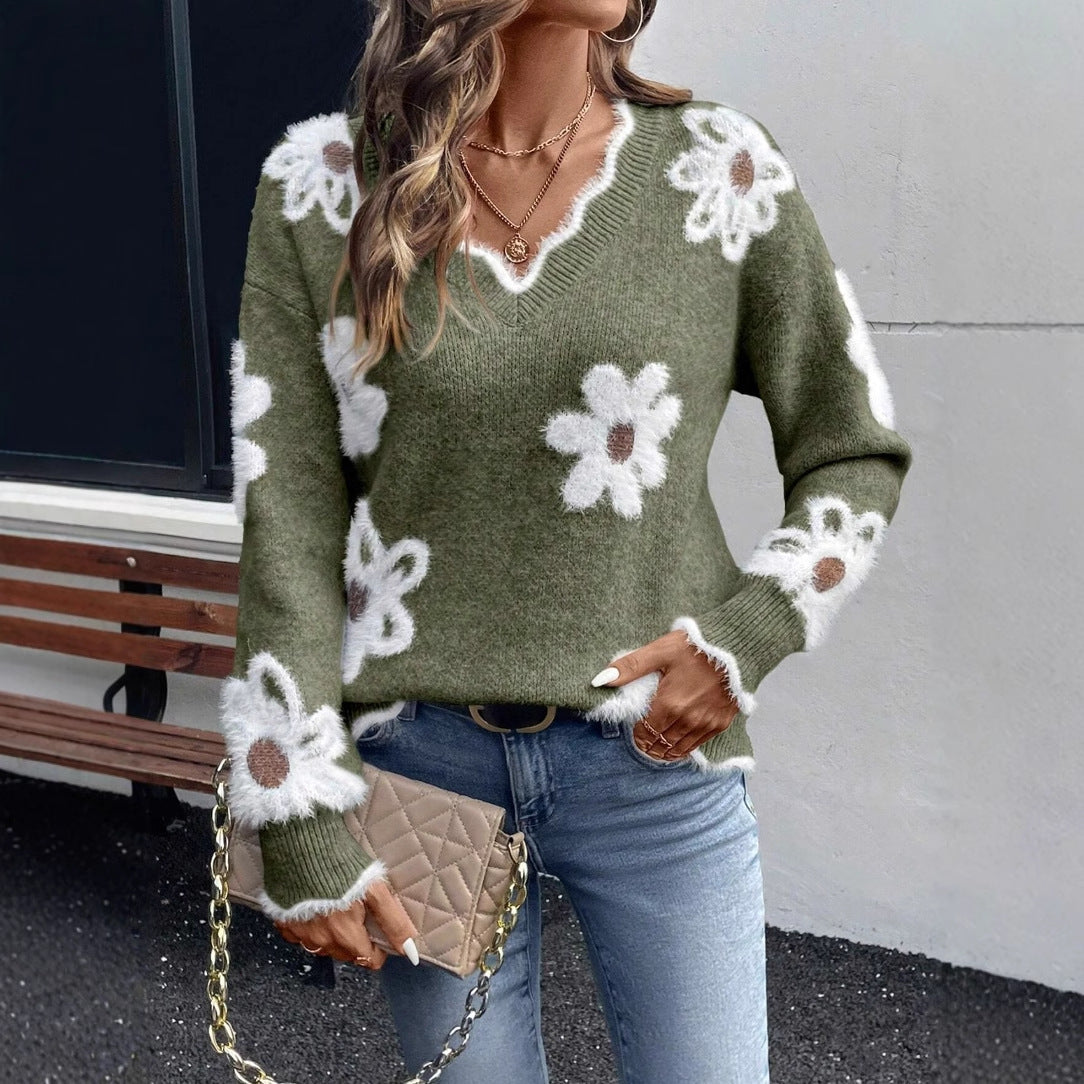 Camisola Jacquard Floral Decote em V
