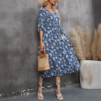Vestido em Rayon com Decote em V e Manga Curta - Veron&Co