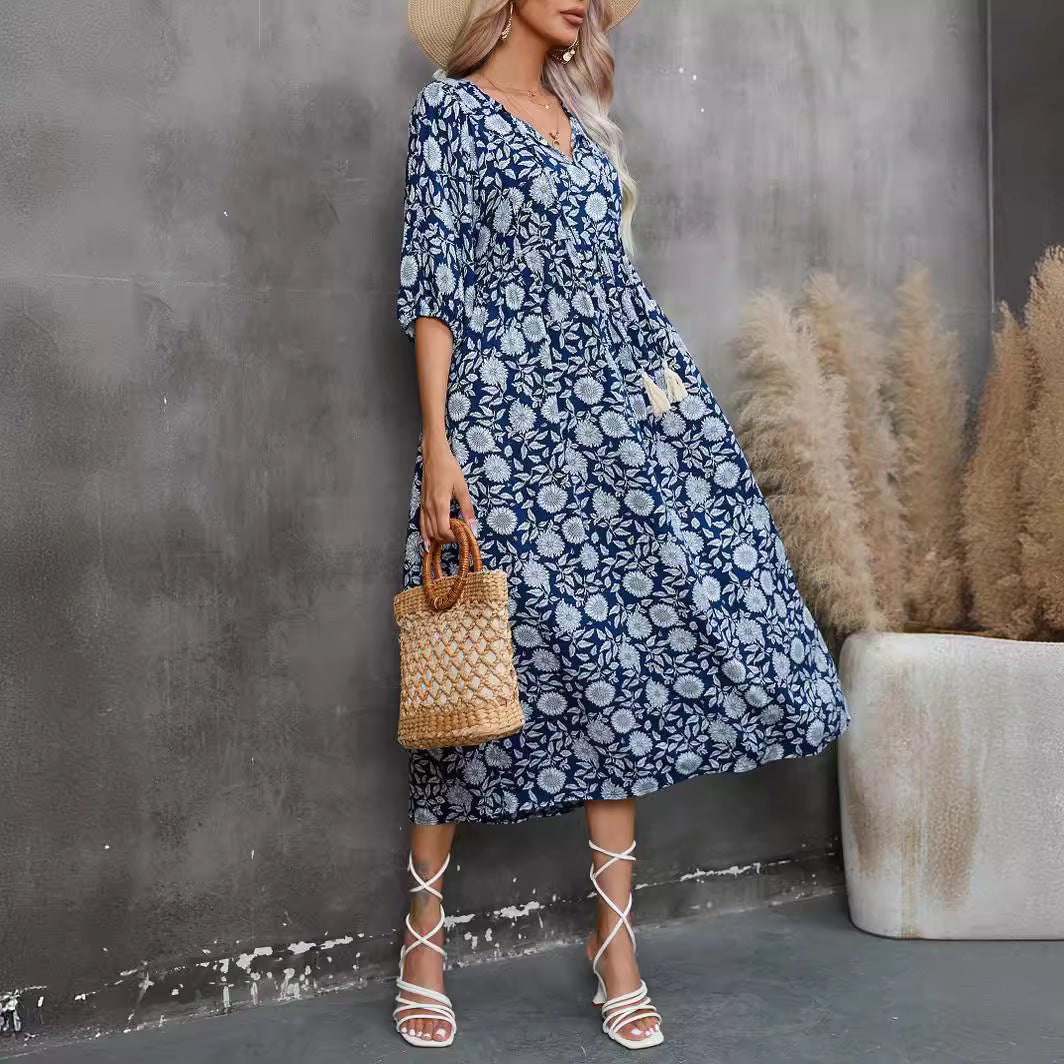 Vestido em Rayon com Decote em V e Manga Curta - Veron&Co