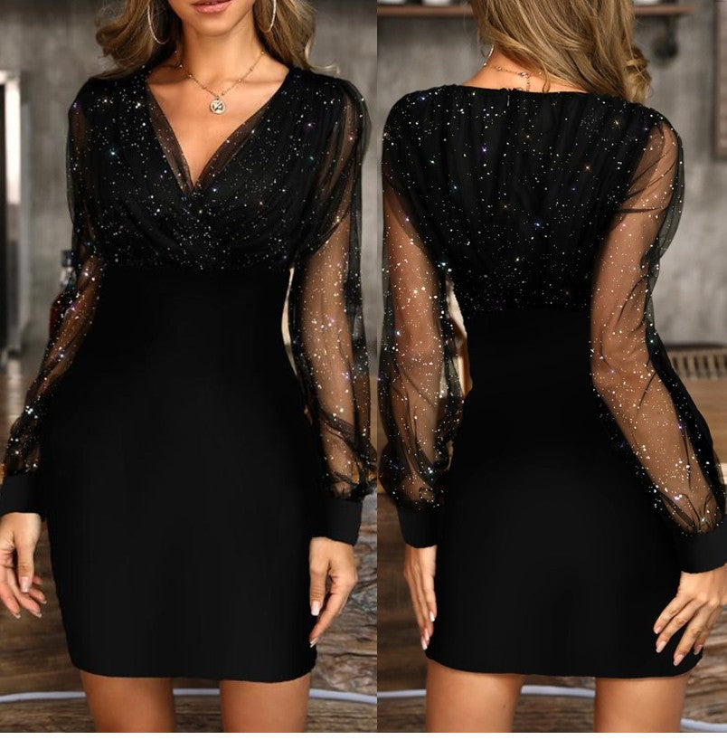 Vestido em Tule com Aplicações Metalizadas e Decote em V - Veron&Co