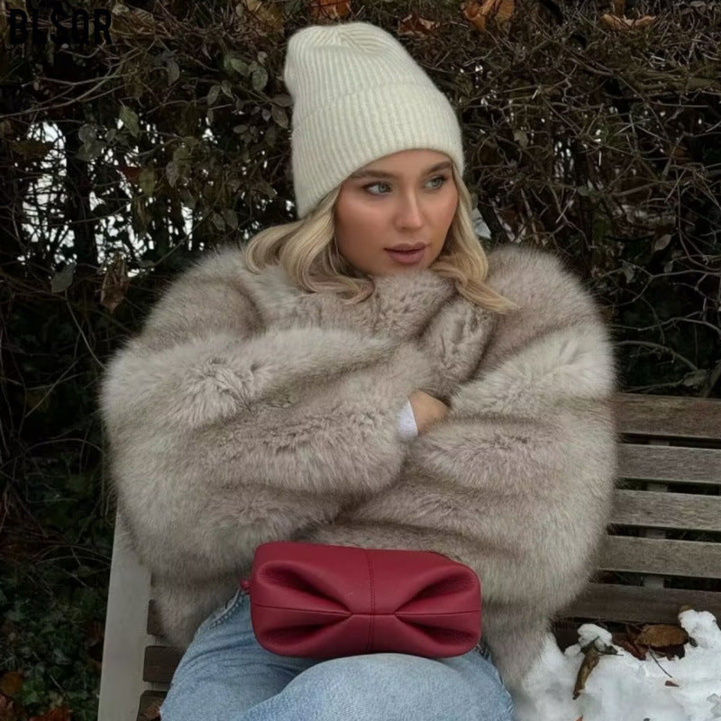 Short Faux Fur Coat with Round Neck