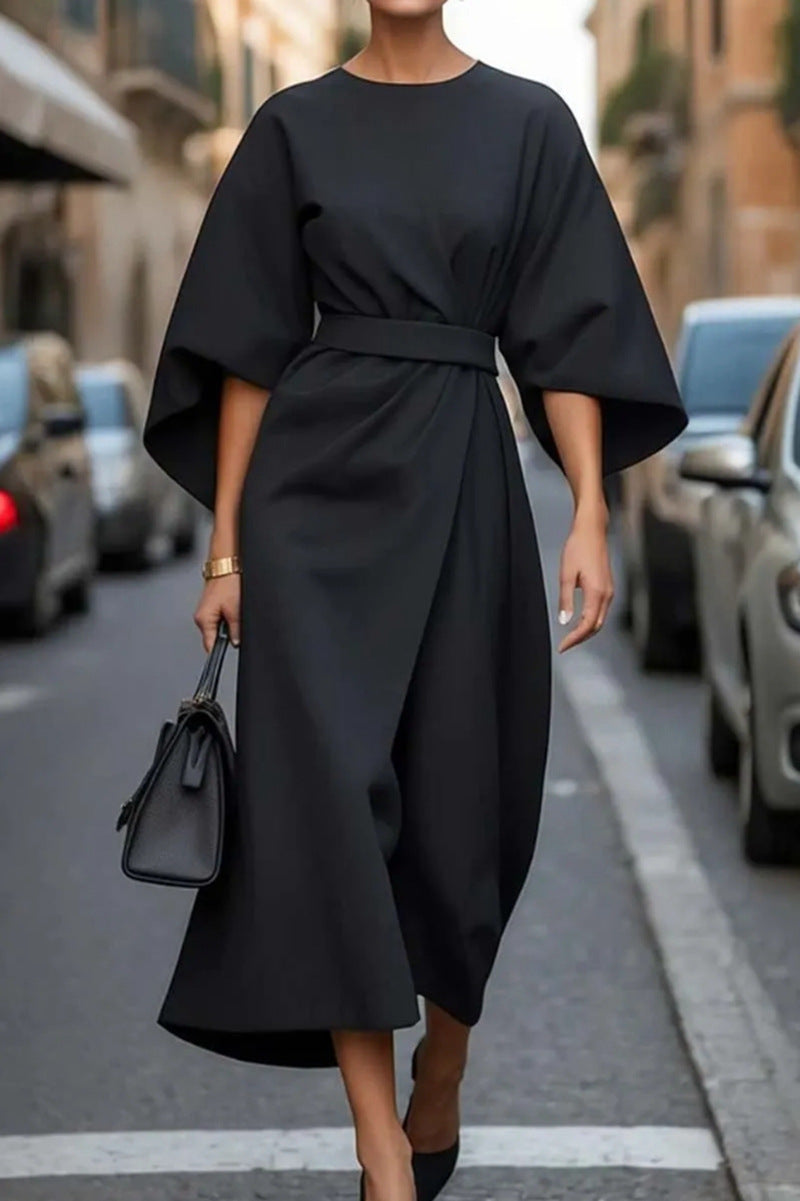 Vestido Longo com Marcação de Cintura e Manga Morcego - Veron&Co